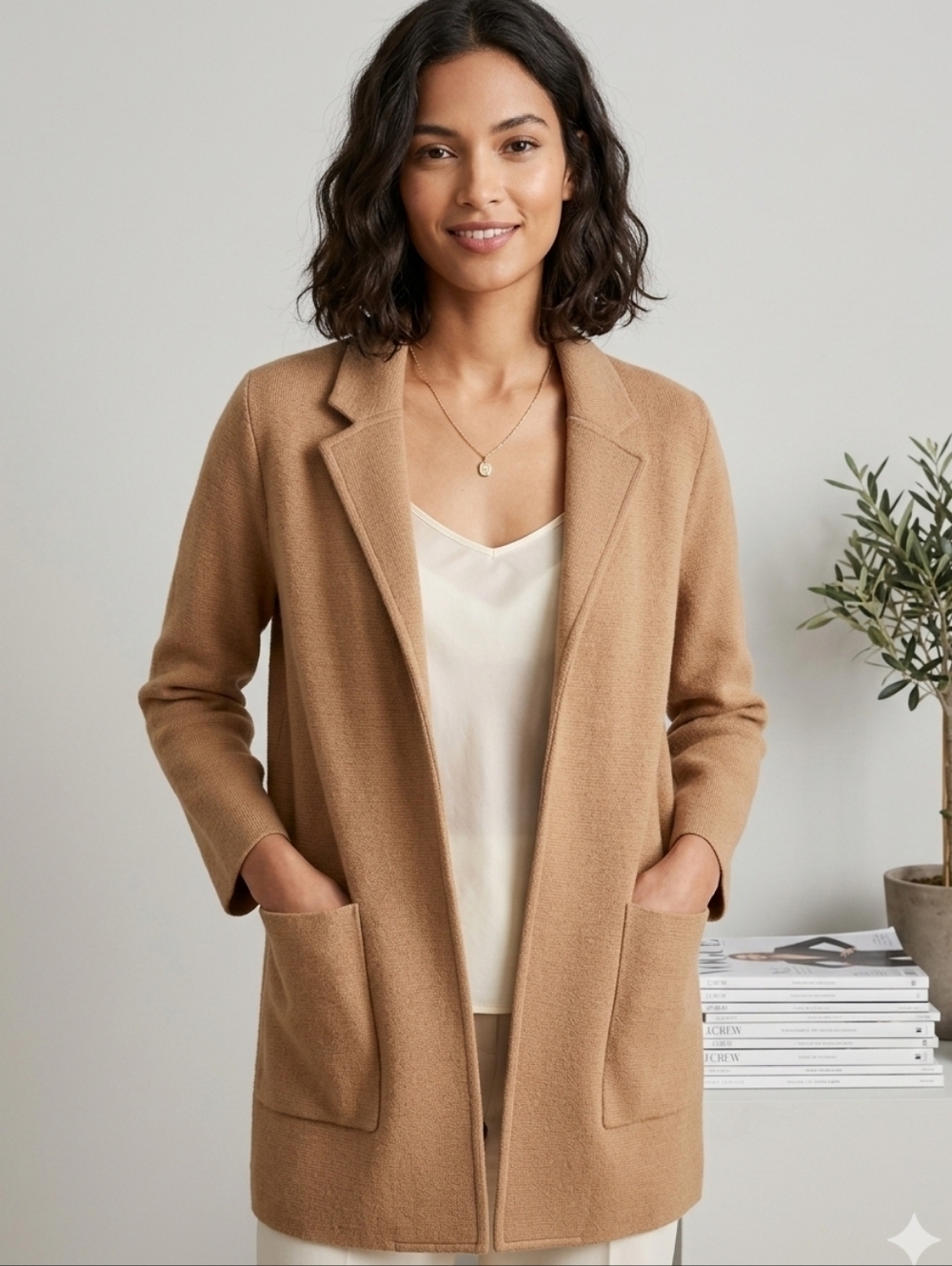 J. Crew Sophie Camel Open-Front Long Blazer Coat Jacket Sweater Size XXXS